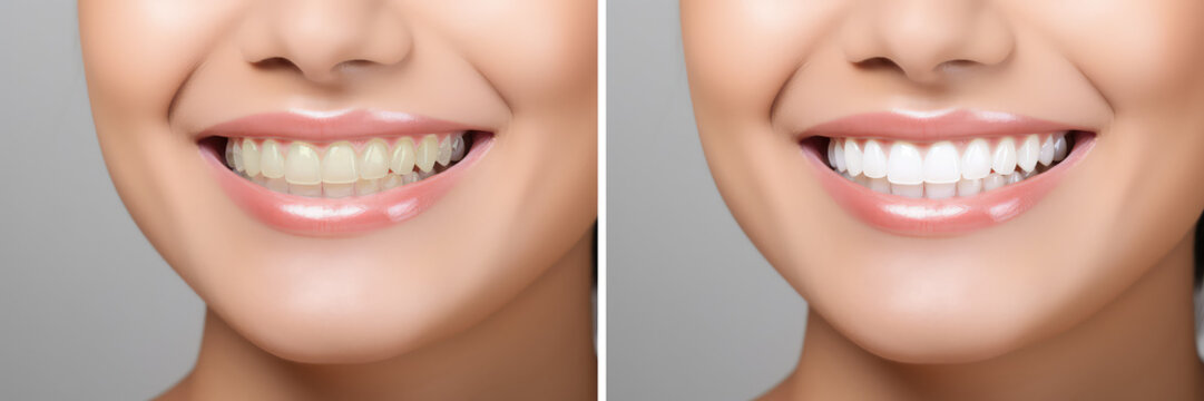 Collage female smile before and after teeth whitening. Advertising procedure whitening smile on white background. The concept of professional teeth whitening. Generative AI photo.