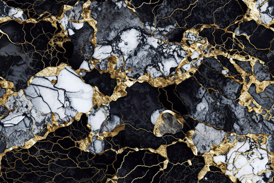 Luxury black and white marble seamless textures with gold effect. Generative AI