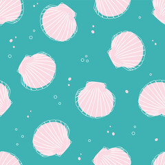 Rose seashells seamless pattern in green background. One line drawing of a shell. Hand drawn marine illustrations of seashells. Summer tropical ocean beach style