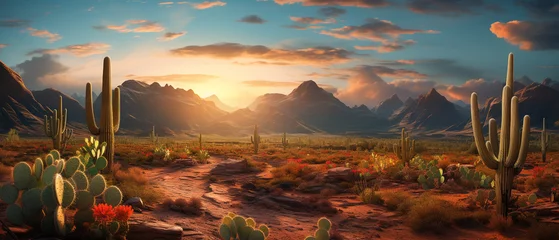 Deurstickers Chocoladebruin Cactus in the desert at sunrise