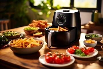 An air fryer in black color or an oil-free frying machine placed on a wooden table in a contemporary kitchen with plates of fried potatoes and tomatoes. AI