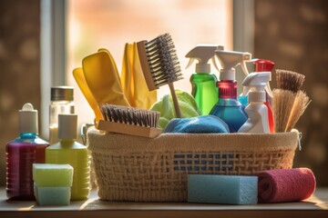 An organized image featuring a neatly arranged set of cleaning tools and products, symbolizing efficiency and showcasing the essentials for a successful cleaning routine. Generative AI