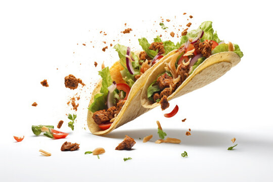 Traditional Mexican tacos with meat and vegetables splashing and flying isolated on white background. AI generative.