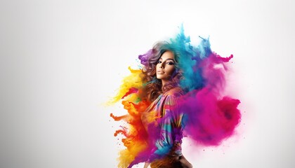 Happy middle eastern girl smiling in a cloud of colorful smoke on a white background, color explosion, holi, having fun, colors, LGBTQ+, party, peace, inclusive, beauty, freedom. Generative AI.
