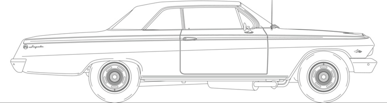 USA, year 1962, Chevrolet Impala SS two doors, vintage car, silhouette outlined, vector illustration