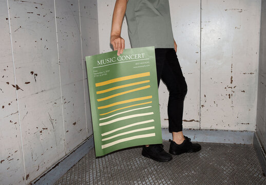 Mockup of woman holding customizable A2 poster in elevator, low section