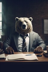 a brown bear in a business suit sits at a table