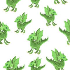 Seamless pattern of cartoon green dragons on a white background.Vector pattern for children's textiles, wallpaper.