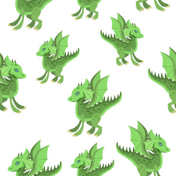 Seamless pattern of cartoon green dragons on a white background.Vector pattern for children's textiles, wallpaper. © VERONIKA