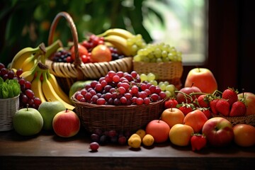 Fresh fruits and vegetables in basket on wooden table, selective focus.