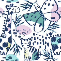 Summer animals tropical seamless pattern. Hand drawn african print . Beach vacation background design - 621856710