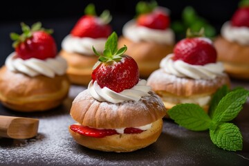 Cream puff with strawberries and whipped cream on a black background.