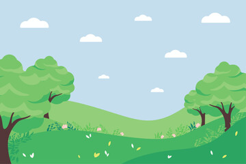 Obraz premium illustration with nature, meadow, trees, plants, landscape, vector