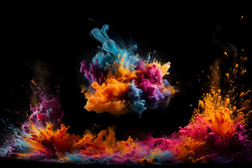 Obraz na płótnie Canvas Colorful rainbow holi paint color powder explosion isolated black background. Generative AI