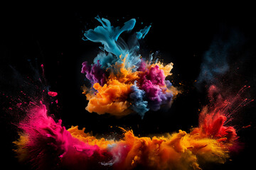 Fototapeta na wymiar Colorful rainbow holi paint color powder explosion isolated black background. Generative AI