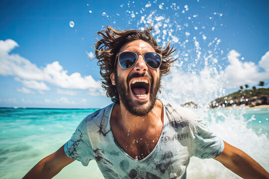 A super happy man to be on the beach at summertime vacation Traveling the world Generative AI Illustration