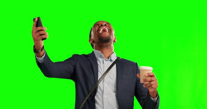 Black man, phone and celebration on green screen for good news or winning against a studio background. Happy African male person with smartphone for victory, achievement or bonus promotion on mockup
