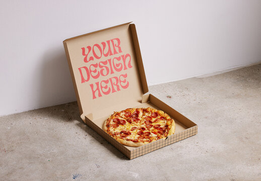 Mockup Of Customizable Open Cardboard Pizza Box On Floor