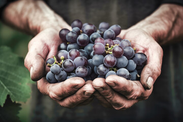 Men's hands holding ripe grapes. Generative AI.  - obrazy, fototapety, plakaty