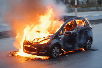 Fototapeta na wymiar Electric car catches fire. Fire hazard from electric vehicles. Generative AI