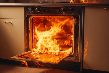 Stove catches fire. Fire hazard from kitchen oven. Generative AI