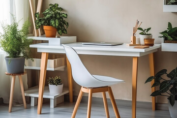 Fototapeta na wymiar Home office small table and chair concept design. Modern home interior. Generative AI