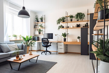 modern office in living room with white walls. Home office small table and chair concept design. Modern home interior. Generative AI