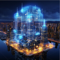 nyc futuristic city rorty o dana, 3d image, in the style of industrial and technological subjects, isometric, intel core, illuminated interiors, suburban ennui capturer, marcin sobas, detailed world-b - obrazy, fototapety, plakaty