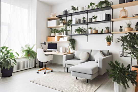 modern office in living room with white walls. Home office small table and chair concept design. Modern home interior. Generative AI