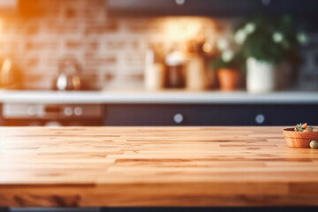Wooden top table of free space and kitchen interior in blur. Kitchen counter top with minimalistic decoration. Generative AI