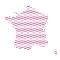Map of the country of France with pink flower icons on a white background