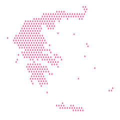 Map of the country of Greece with pink flower icons on a white background