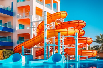 Beautiful water park with colorful water slides. Summer vacation family fun. Generative AI