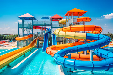 Beautiful water park with colorful water slides. Summer vacation family fun. Generative AI