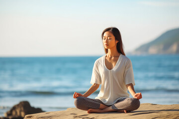 Young asian woman meditating on beach. Calm serene peaceful activity for summer. Generative AI