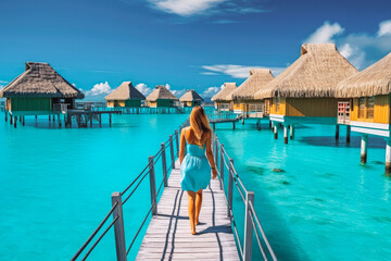 Luxury over water bungalows. Tahiti resort woman walking on wooden pier and clear blue water. Generative AI - obrazy, fototapety, plakaty