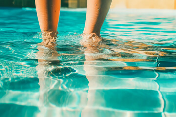 Closeup of female legs walking in pool on sunny day. Summer vacation carefree concept. Generative AI