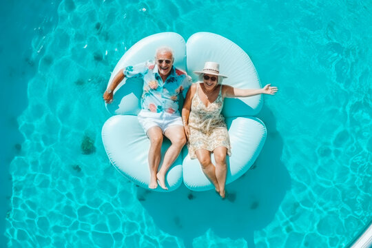 Above vertical view of old senior couple taking a summer break. Enjoying time together. Generative AI
