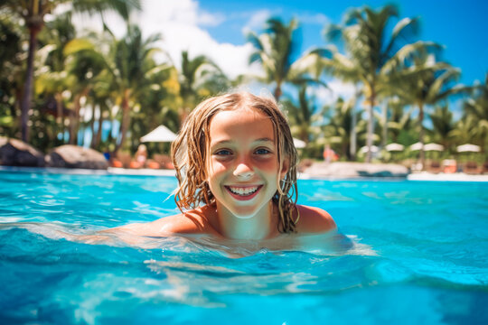 Young tween girl in resort pool portrait. Summer vacation in luxury resort. Generative AI