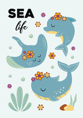 cute sea poster with whale, dolphin, ramp fish