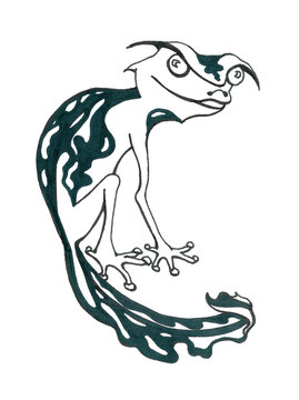 Isolated black and white graphical image of a dragon-like lizard. The traditional symbol of the Chinese New Year. Cartoon silhouette of an exotic animal with a cute muzzle and a tail like a leaf