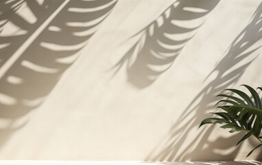 Outdoor Tranquility: Cream White Concrete Wall with Tropical Banana Leaf Shadow