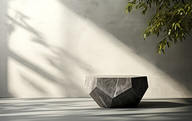 Elegant Geometry: Gray Granite Stone Side Table with Leaf Foliage Shadow on Polished Cement Wall