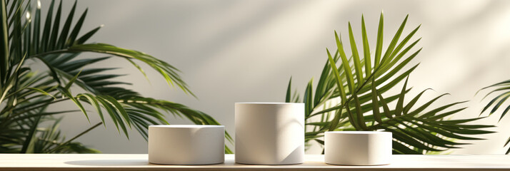 Modern Elegance: Three Glossy White Round Cylinder Podiums in Tropical Setting