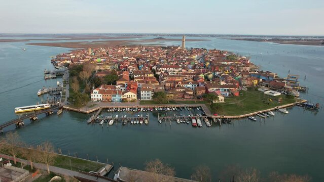 Aerial view of Colored Houses of the Island of Burano, Venice, Italy, Europe