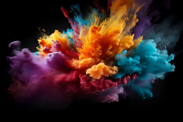 Fototapeta na wymiar Colorful rainbow holi paint color powder explosion isolated black background. Generative AI