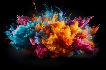 Colorful rainbow holi paint color powder explosion isolated black background. Generative AI