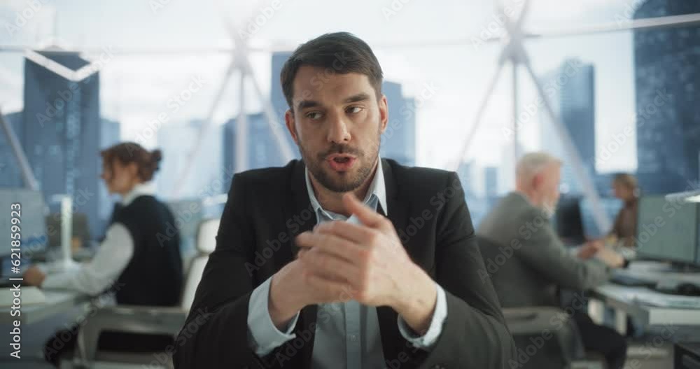 Poster Point Of View From Camera With Handsome Experienced Businessman Talking with Clients on Video Call in Diverse Skyscraper Office. Management Conference Call on Laptop Computer with Partners, Colleagues
