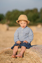 Naklejka na ściany i meble A kid in rural clothes sits on the hay.