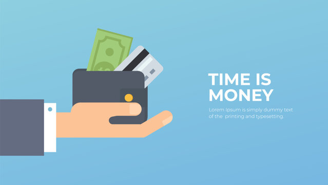 Time is money. Wallet in hand with credit card and money, hand holding purse with bills, flat vector cartoon illustration, financial concept.